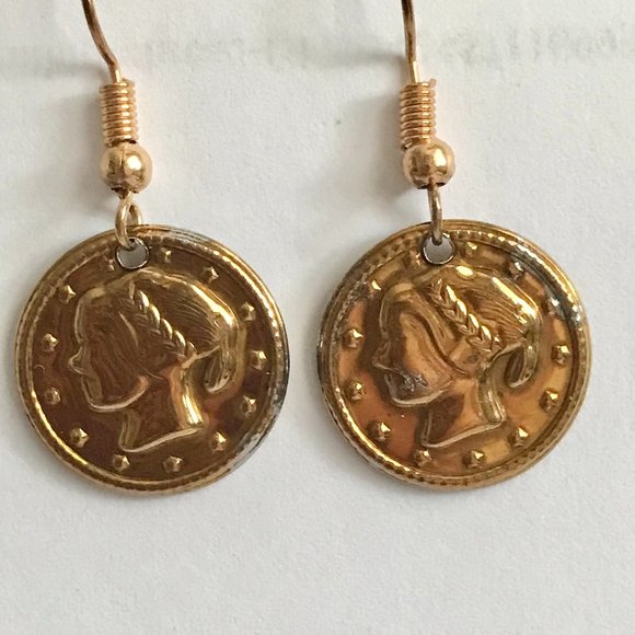 Vintage French Italian Coin Earrings Dangle Gold Plated Wire France Italy Lady - Picture 4 of 9